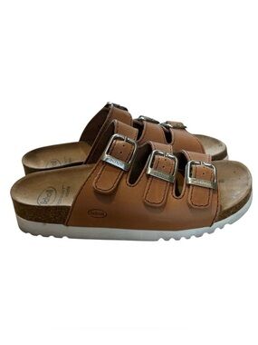 Scholl Mules Rio Tan Nubuck Ergonomically Designed 3 Buckle Sandals Size 10